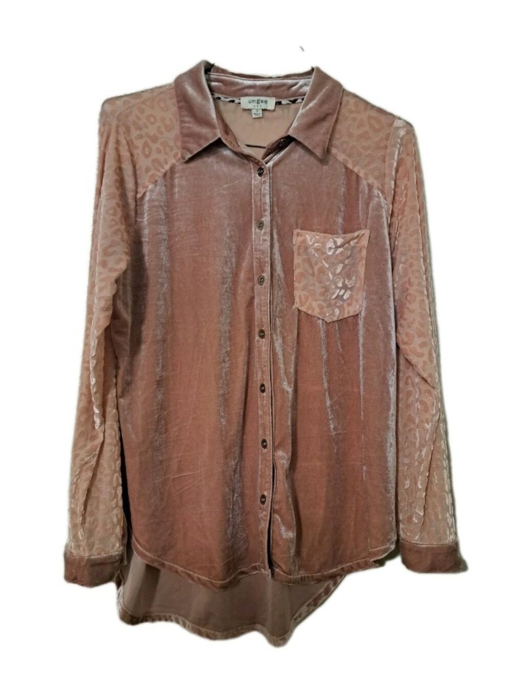 Umgee Velvet Animal Print Button Down Shirt Blouse Rose Mauve Small